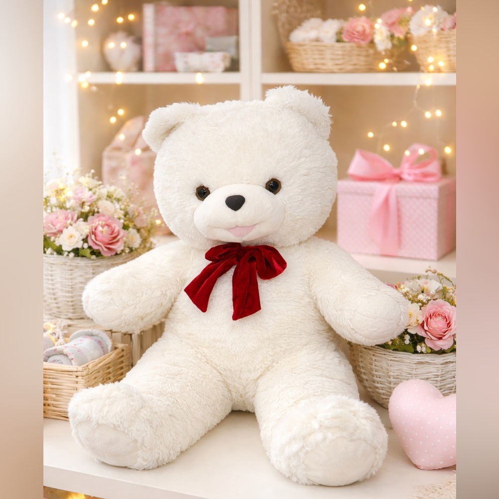 White Teddy Bear with Red Bow